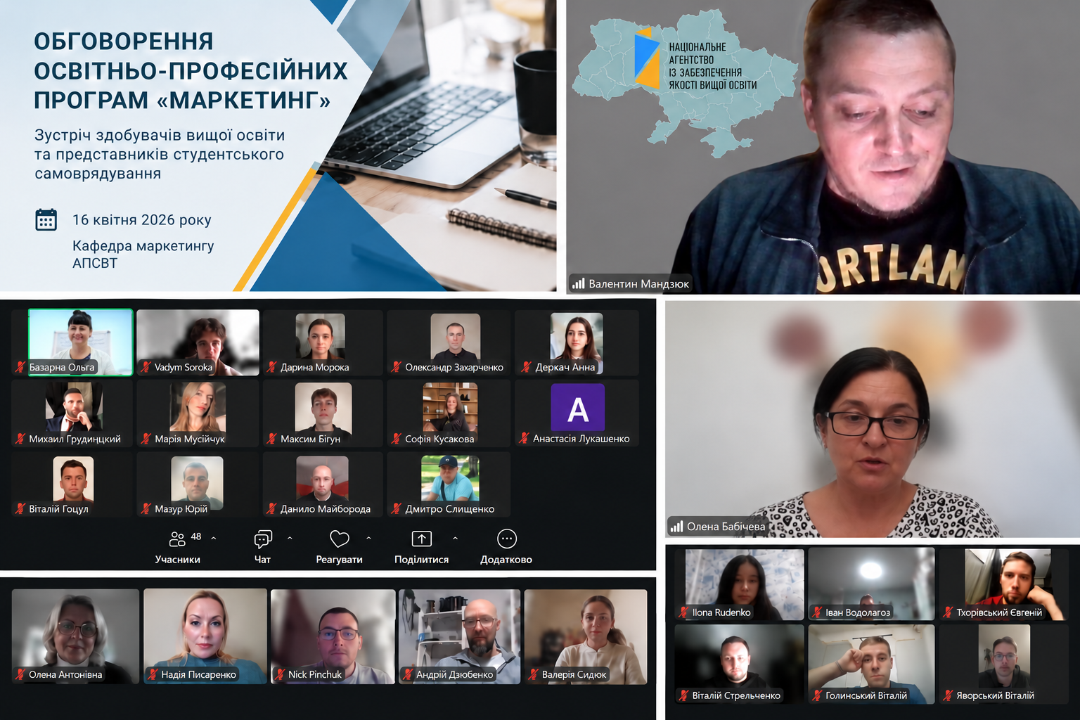 Колаж зустрічі здобувачів і студентського самоврядування щодо ОПП «Маркетинг»